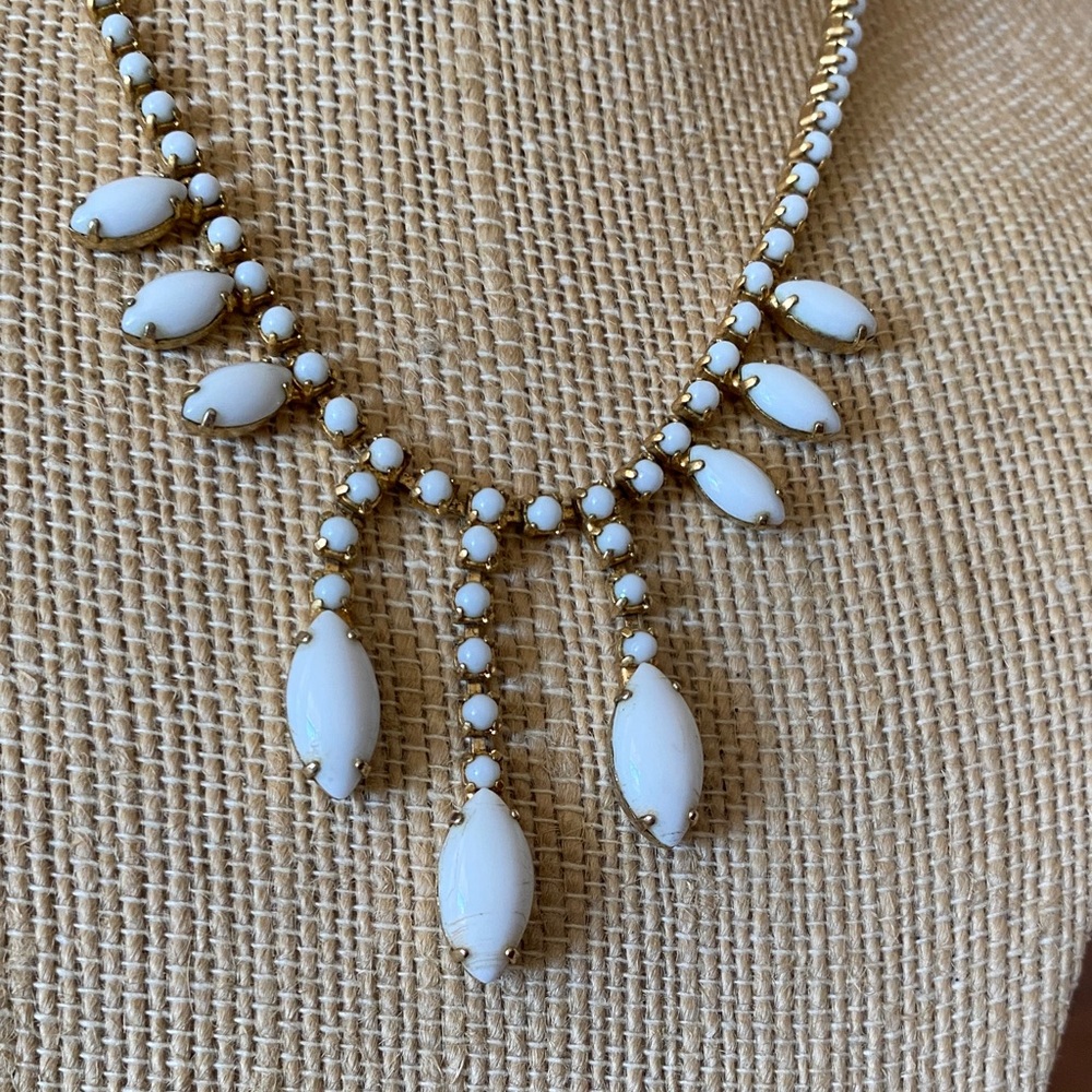 Vintage White Milk Glass Rhinestone Necklace - Picture 2 of 5